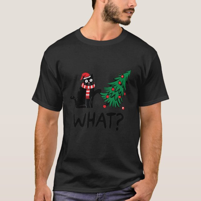 Camiseta Gatos Negros Engraçados Empurrando Árvore De Natal (Frente)