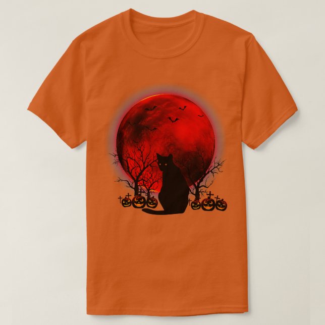 Camiseta Gatos Negros Moon Pumpkin Dia de as Bruxas engraça (Frente do Design)