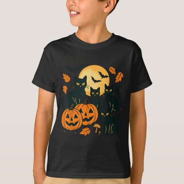 Camiseta Gatos Pretos Com Jack O Lanterns Lua E Morcegos (Frente)