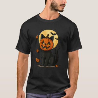 Camiseta Gatos pretos com máscara de abóbora sob a lua chei
