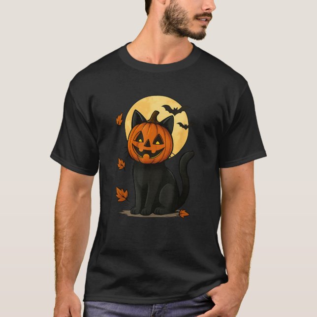 Camiseta Gatos pretos com máscara de abóbora sob a lua chei (Frente)