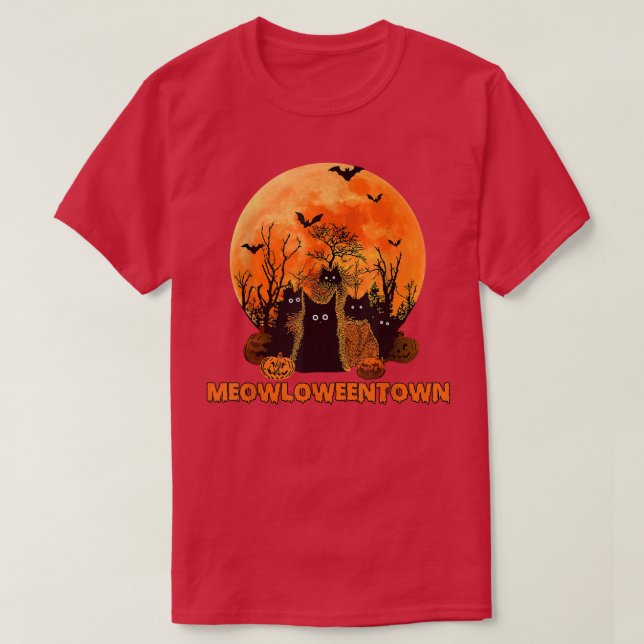 Camiseta Gatos Pretos Da Lua Vermelha Da Meowloweentown (Frente do Design)