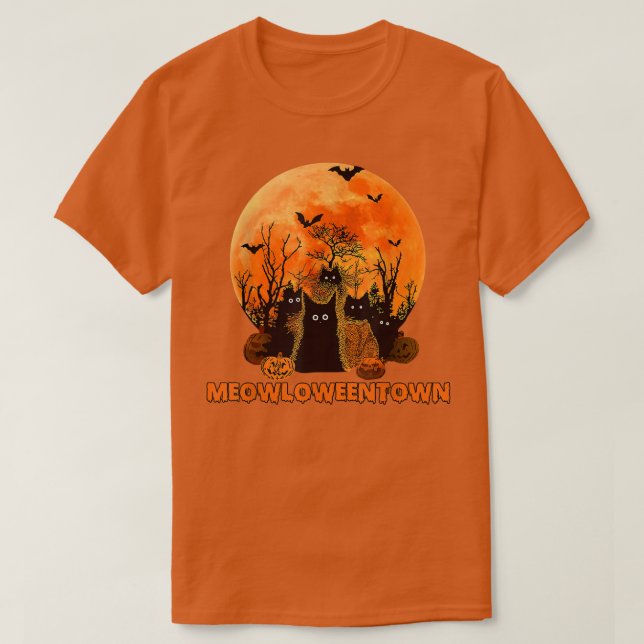 Camiseta Gatos Pretos Da Lua Vermelha Da Meowloweentown (Frente do Design)
