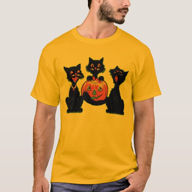 Camiseta gatos pretos do Dia das Bruxas dos anos 30 com (Frente)