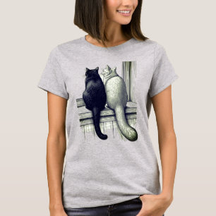 Camiseta Gatos Pretos e Brancos na Janela