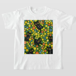 Camiseta Gatos Pretos Fofos Padrão de Prado Floral