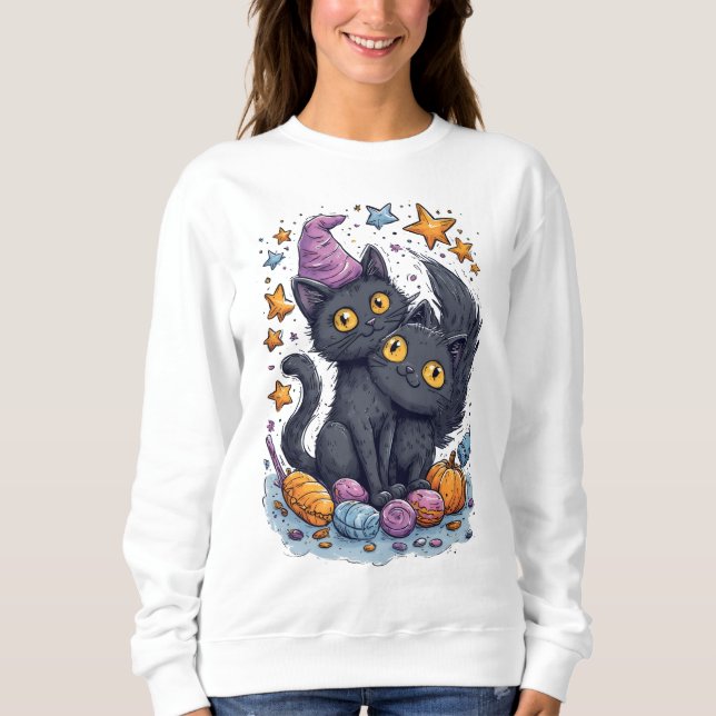 Camiseta Gatos Pretos HALLOWEEN com doces e estrelas (Frente)