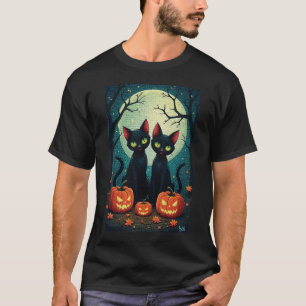 Camiseta Gatos Pretos & Jack-O'-Lanterns sob a Lua Cheia