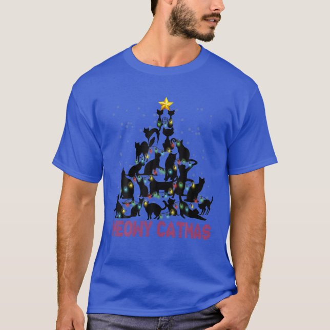 Camiseta Gatos Pretos Meowy Catmas Árvores de Natal Luzes O (Frente)