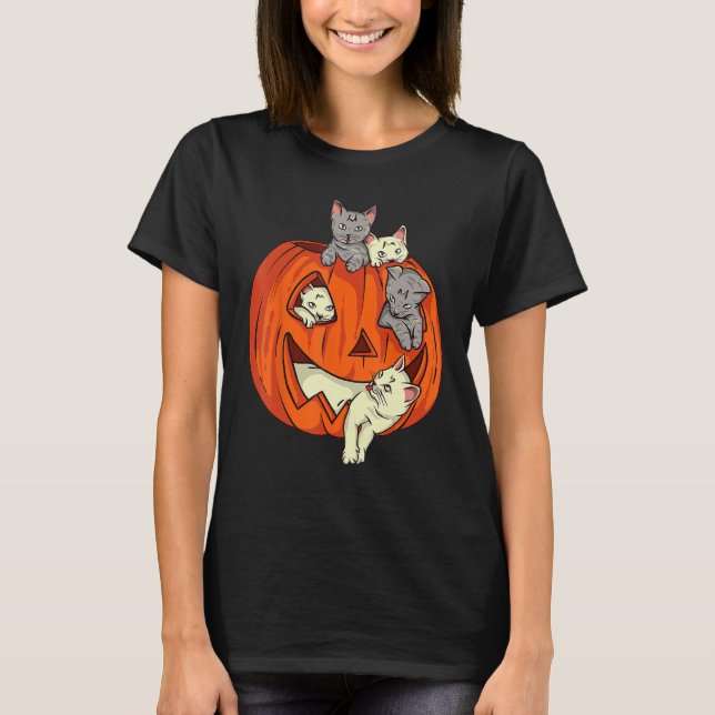 Camiseta Gatos Pumpkin Esculpido Jack O Lanterna Cat Hallow (Frente)