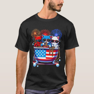 Camiseta Gatos Ramen Na Bathtub Anime Flag USA 4th