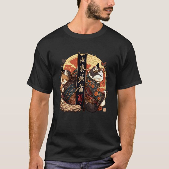 Camiseta Gatos Ronin Kanji Código de Honra do Gato Samurai (Frente)