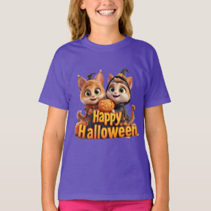 Camiseta Gatos Ruivos Fofos em Chapéus de Bruxa Abóboras de