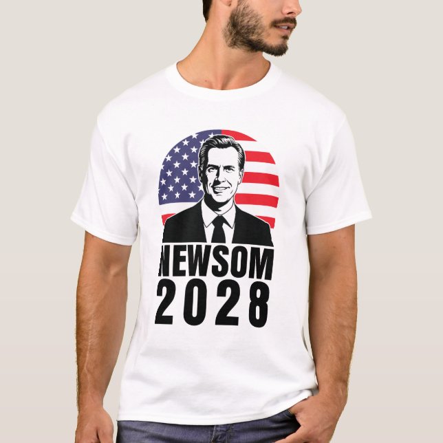 Camiseta Gavin Newsom 2028 para Presidente da América Flag (Frente)