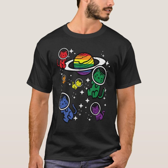 Camiseta Gay Cats In Space Rainbow Pride Month Lgbtq Ally W (Frente)
