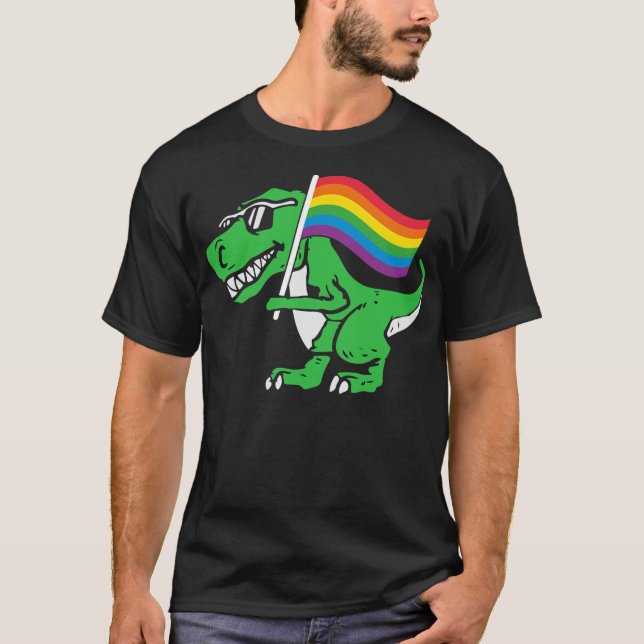Camiseta Gay Dinosaur LGBT Q T Rex Rainbow Pride Flag (Frente)