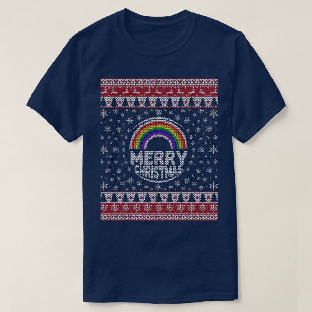 Camiseta Gay LGBT Sueco de Natal Feio Feliz Arco-Íris Chri (Frente do Design)