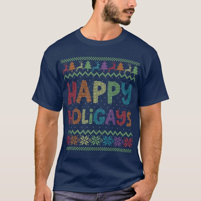 Camiseta Gay Natal Engraçado LGB Feliz Holigays Rainbow (Frente)