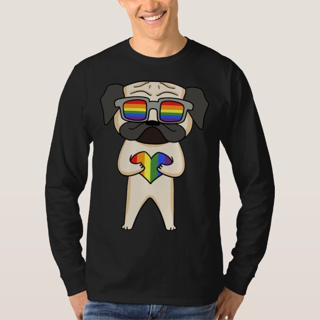 Camiseta Gay Pride LGBT Rainbow  Dog Breed Pug  LGBT Heart (Frente)