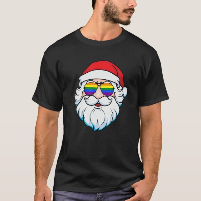 Camiseta Gay Santa Claus Christmas Rainbow Sunglasses LGBT (Frente)