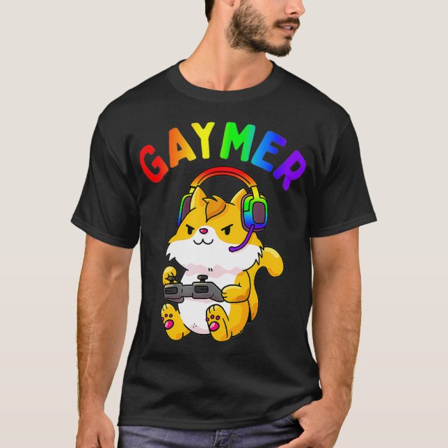 Camiseta Gaymer Orgulho gay Flag Gamer LGBTQ Video Game Cat (Frente)