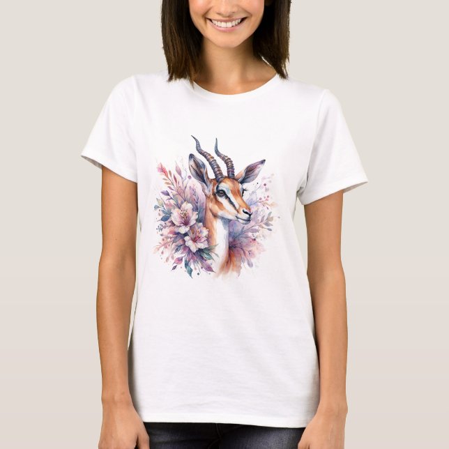 Camiseta Gazela em Aquarela com Acentos Florais (Frente)