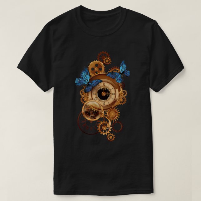 Camiseta Gear de Relógio Steampunk e Borboletas Retro (Frente do Design)