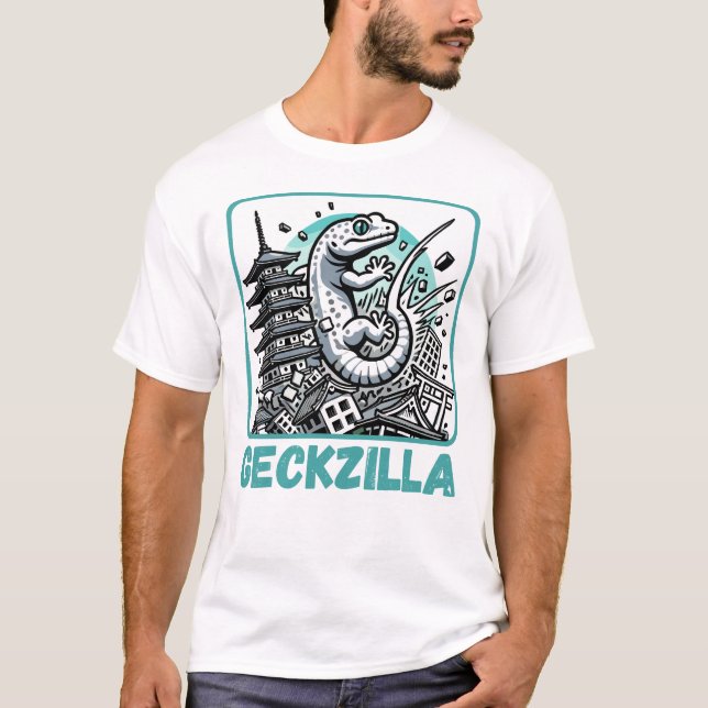 Camiseta Geckzilla Japonês Funny Gecko Reptile Kaiju (Frente)