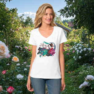 Camiseta Géisha Asiática Dragão Flor de Cerejeira Azul