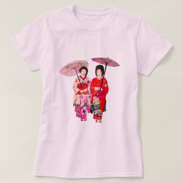 Camiseta Geisha bonitinha japonesa com quimono rosa (Frente do Design)
