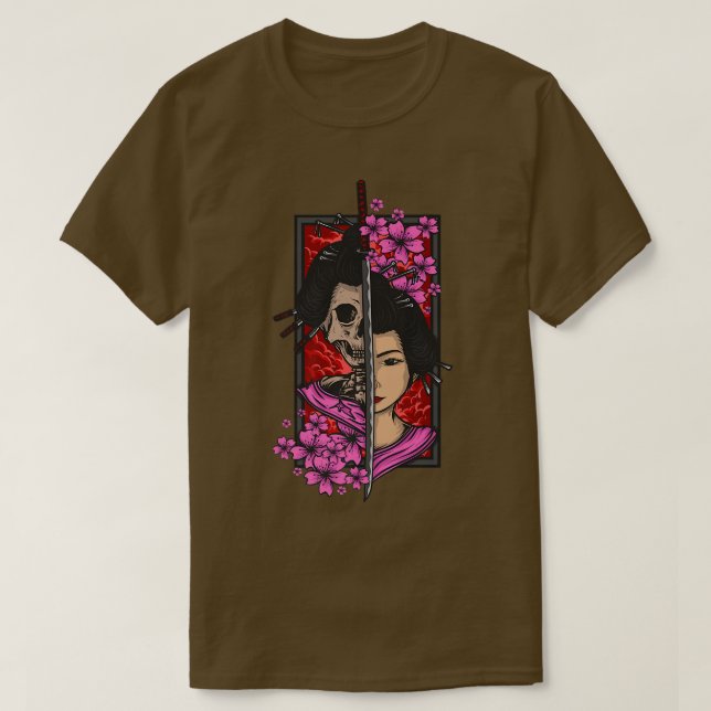 Camiseta Geisha com katana e sakura cherry samur (Frente do Design)