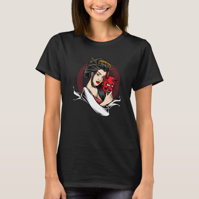 Camiseta Geisha Com O Demônio Da Máscara Oni (Frente)
