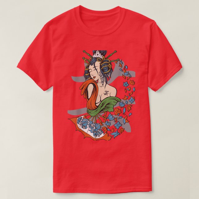 Camiseta Geisha Girl Katana Sword e tatuagem do Dragão Japa (Frente do Design)