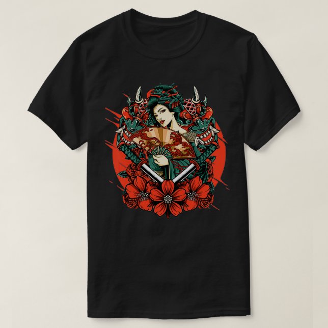 Camiseta Geisha Japanese Oni Mask Yokai Samurai Katana Swor (Frente do Design)