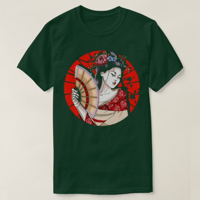 Camiseta Geisha Japonesa com Fan Sakura Japão Mulher Geis (Frente do Design)