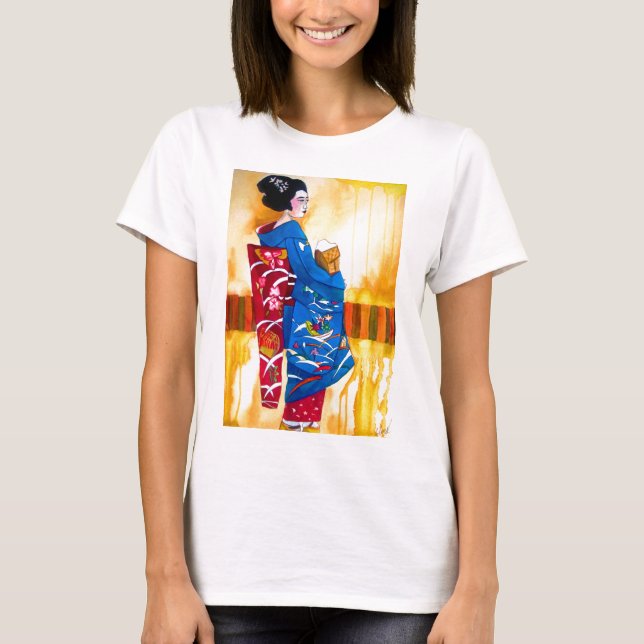Camiseta Geisha japonesa com quimono azul (Frente)