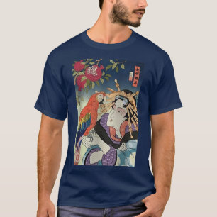 Camiseta Geisha Macaw Parrot Ukiyoe Geisha Samurai Japonês