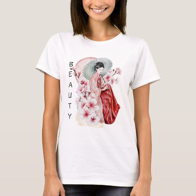 Camiseta Geisha Watercolor japonesa com Kimono e Sakura (Frente)