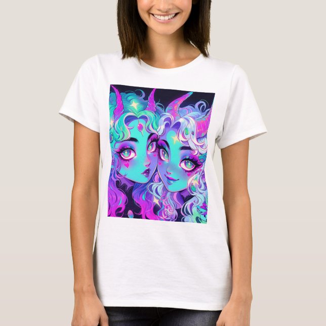 Camiseta Gêmeas Alienígenas-de-Corno-Azul-Bonito Gêmeas Ani (Frente)
