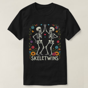 Camiseta Gêmeos Halloween Skeletwins Dançando Esqueletos