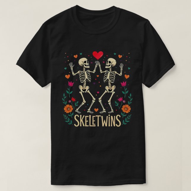 Camiseta Gêmeos Halloween Skeletwins Dançando Esqueletos (Frente do Design)