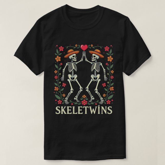 Camiseta Gêmeos Halloween Skeletwins Dançando Esqueletos (Frente do Design)
