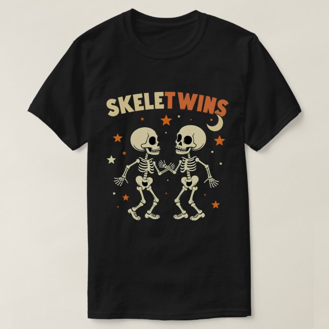 Camiseta Gêmeos Halloween Skeletwins Dançando Esqueletos (Frente do Design)