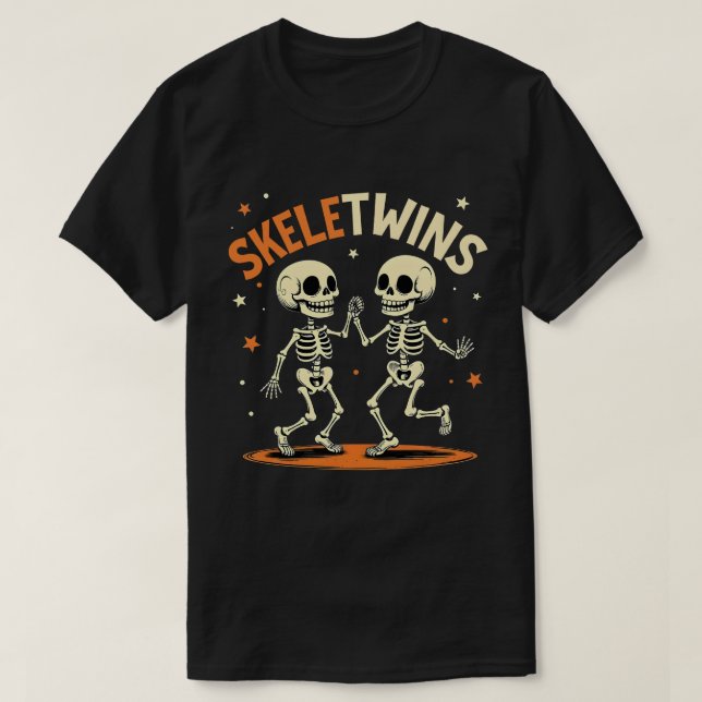 Camiseta Gêmeos Halloween Skeletwins Dançando Esqueletos (Frente do Design)