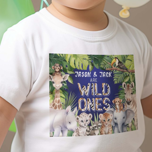 Camiseta Gêmeos Marinho Azul, Selvagem Um Safari, Selva Men (Navy Blue Twins Wild Ones safari Themed Baby boys 1st birthday t-shirt)
