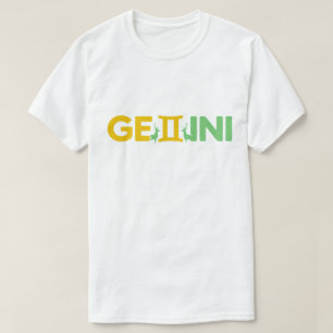Camiseta Gêmeos Zodíaco Tipografia Minimalista Verde Amarel