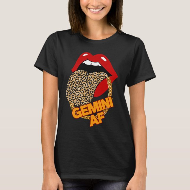 Camiseta Gemini AF Leopard Lábios Astrologia Aniversário Mu (Frente)