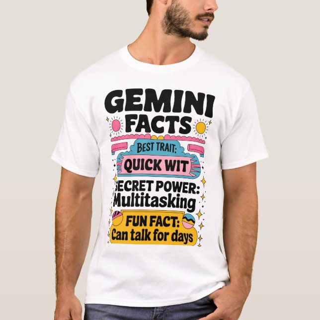Camiseta Gemini Fatos: Sentido Rápido, Multitarefa e Sem Fi (Frente)
