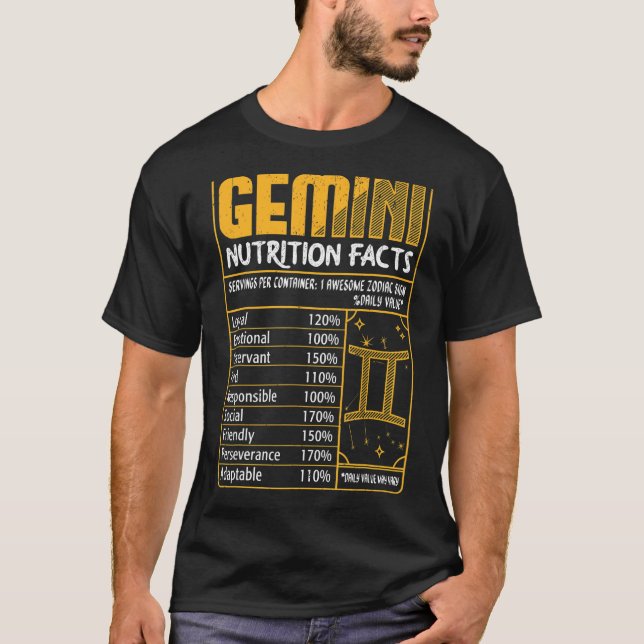 Camiseta Gemini Nutrition Facts Zodiac Sinal de Aniversário (Frente)