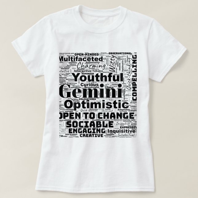 Camiseta Gemini Zodiac Word Cloud Inspiration (Frente do Design)